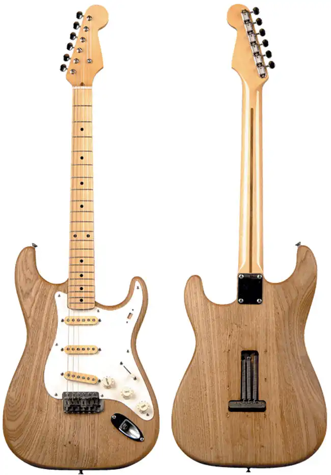 The guitar of Madderra. You can see from the grain pattern and the routing that it’s the same body in Leo’s photographs. What was left was the body, the bridge (but not the saddles), and the vibrato tailpiece block. The body looks like it’s been sanded a couple of times.
