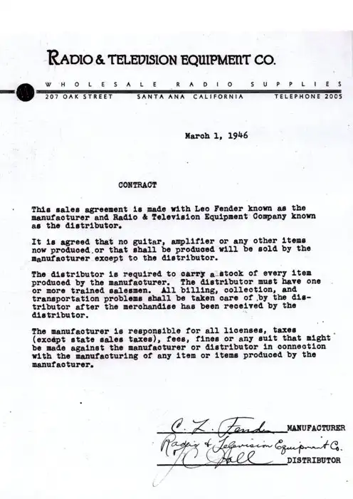 Under this agreement, Leo Fender and Francis Hall specified that any and all Fender products would be sold directly - and only - to Radio Tel
