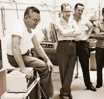 Freddie Tavares (left), who became a close Leo's friend, Forrest White, and George Fullerton at Fender factory