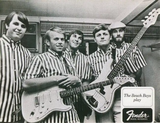 The Beach Boys posing for a Fender ad