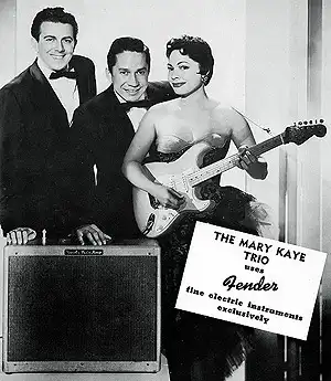 Mary Kaye posing with the famous blonde Stratocaster with the gold-plated hardware, 1956