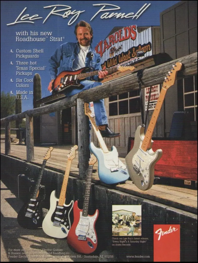 1997 Fender Roadhouse Stratocaster ad featuring Lee Roy Parnell