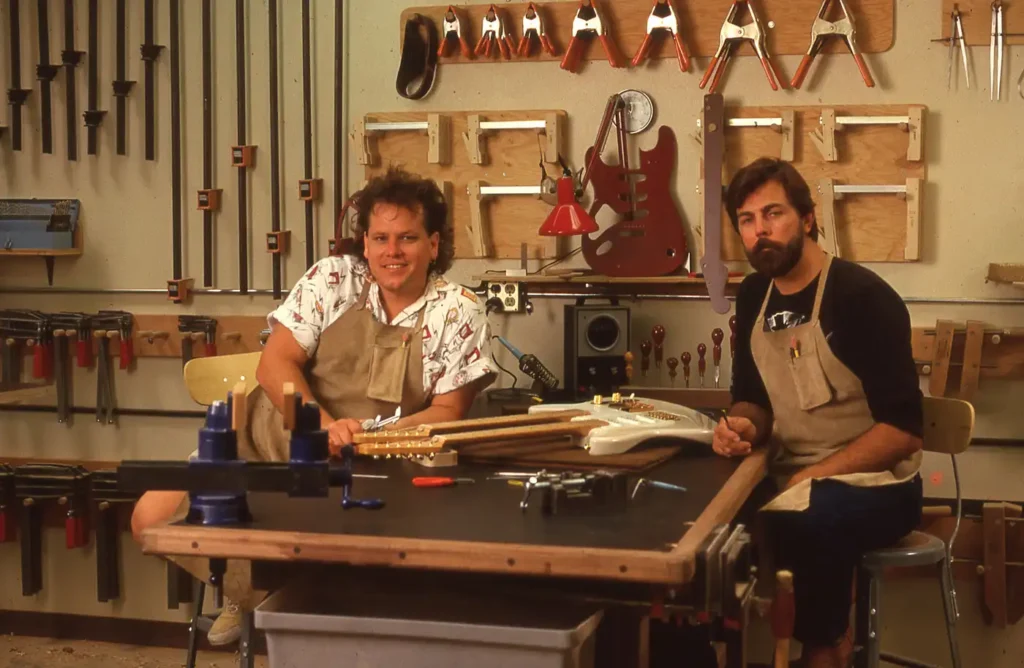 Michael Stevens and fellow original Master Builder John Page with the double-neck Stratocaster Esquire