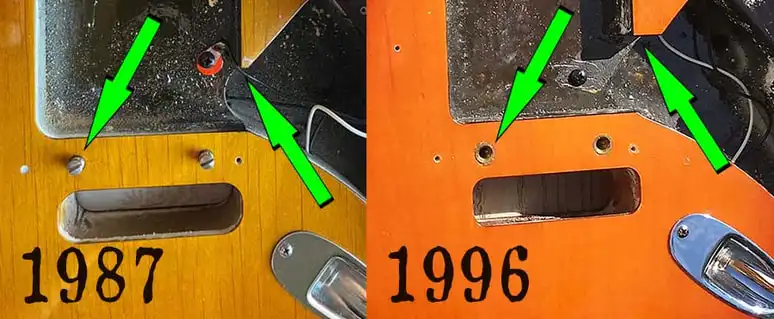 When comparing 1986–early 1987 American Standard Strats to later models, it's notable that the earliest units featured a sharp corner between the swimming pool and control routes. These early versions are also identifiable by bridge pivots that went directly into the wood, unlike later models, where the pivots passed through metal ferrules inserted into the body