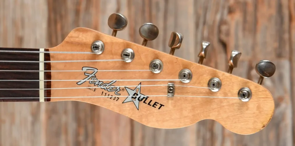The Fender Bullet headstock. This one lacked the "Made in Usa" label. Courtesy of Chicago Music Exchange