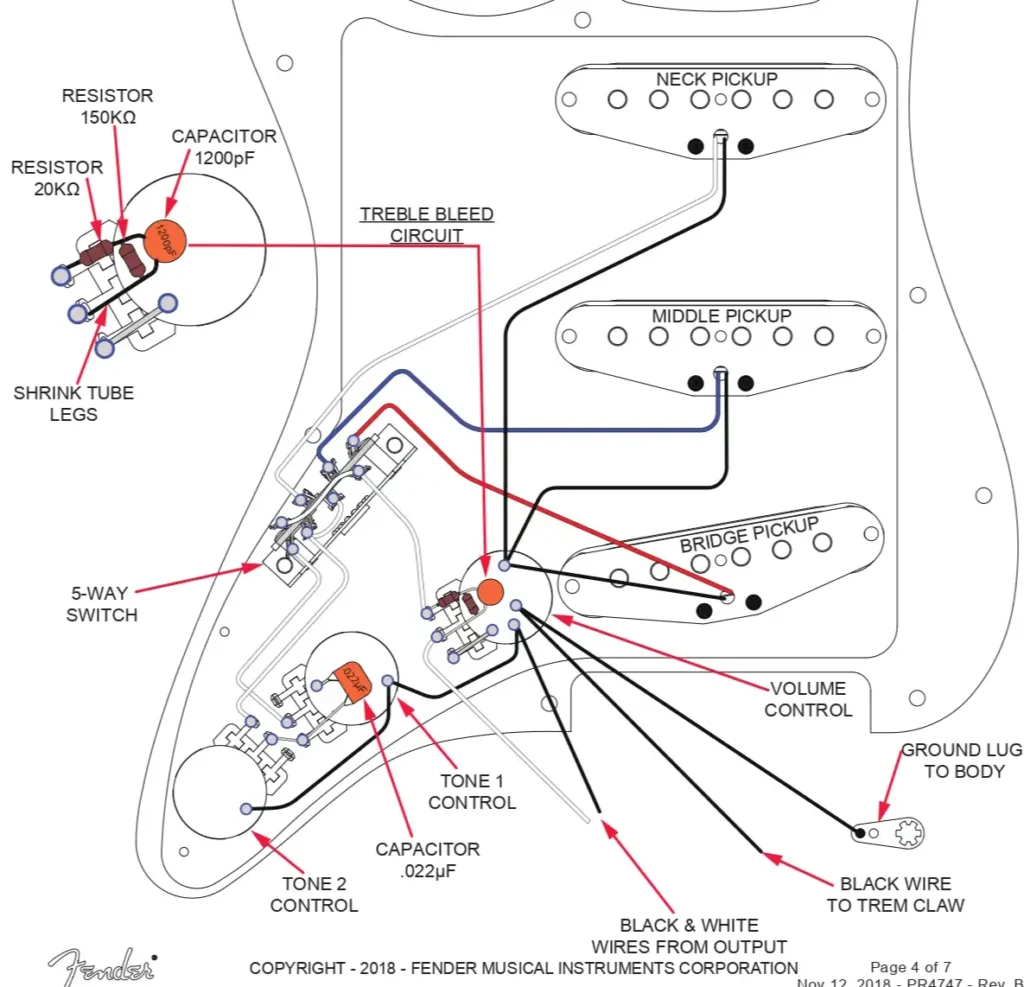 American Professional Stratocaster wiring diagram with the Treble Bleed Circuit