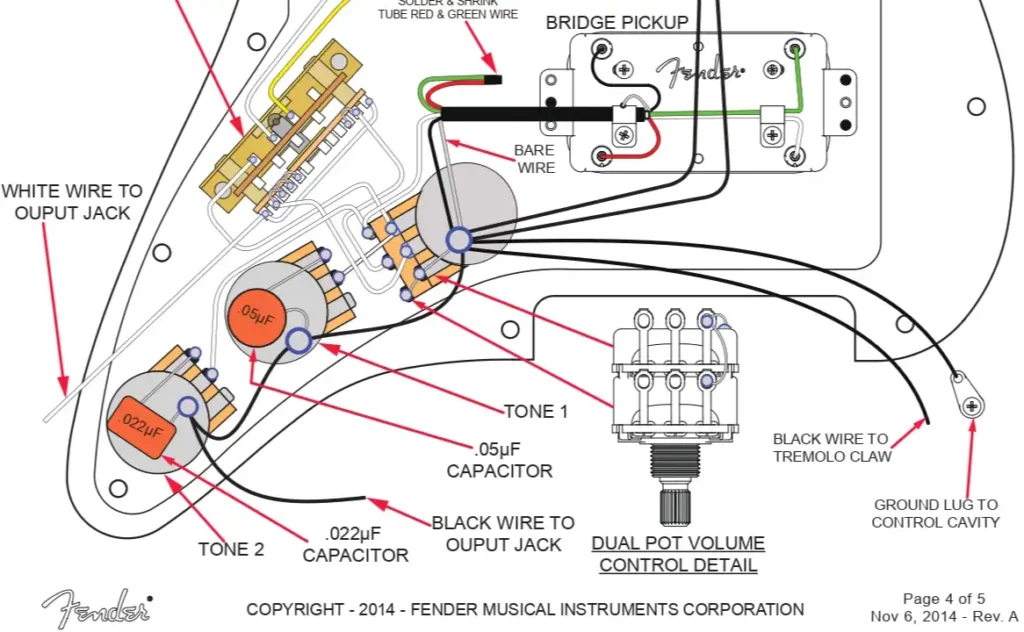 The American Standard Stratocaster HSS Shawbucker wiring in the Service Manual. Note the Dual Pot.