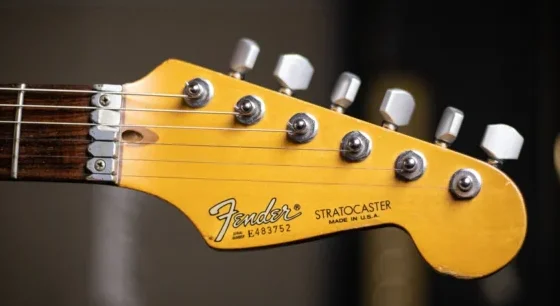 The headstock of a 1987 Strat Plus with the E4 Serial number