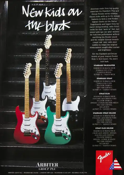 This UK Fender ad from 1989 showcased the Stratocaster made in the USA. Alongside the American Standard Strat and the Deluxe American Standard Strat, it featured two new Strat Plus.
