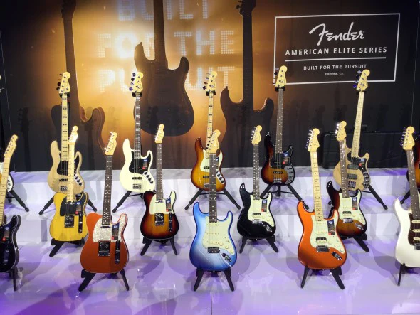The Fender American Elite Series on display at the Fender booth during the 2016 NAMM Show