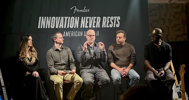 The American Ultra II special preview in New York City. From left to right, Annie Clements, Andrew Magnotta of iHeartMedia, Justin Norvell, Jason Klein (Fender artist relations lead), and Isaiah Sharkey. Photo redit: Tina Benitez-Eves