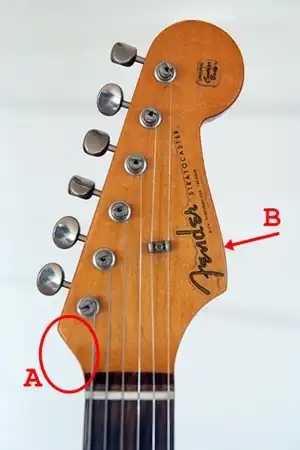 1986 Corona Vintage Reissue Strat headstock: While similar to the pre-CBS design, this headstock still features an elongated “A” curve and a slightly more pronounced “B” curve.