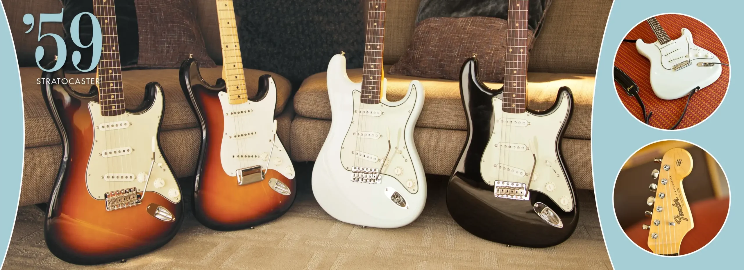 Fender American Vintage brochure, 2012. The Stratocasters on the left accurately represent the new models, while the circular images at right misrepresent the ’59 Stratocaster, showing a Transition logo with patent numbers on the headstock and an eleven-screw pickguard. In fact, these are images of the new American Vintage ’65 Stratocaster