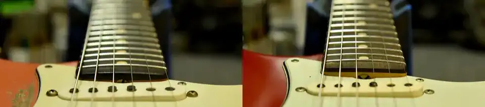 Fingerboard radius comparison — vintage-spec 7.25" (left) and modern 9.25" (right)