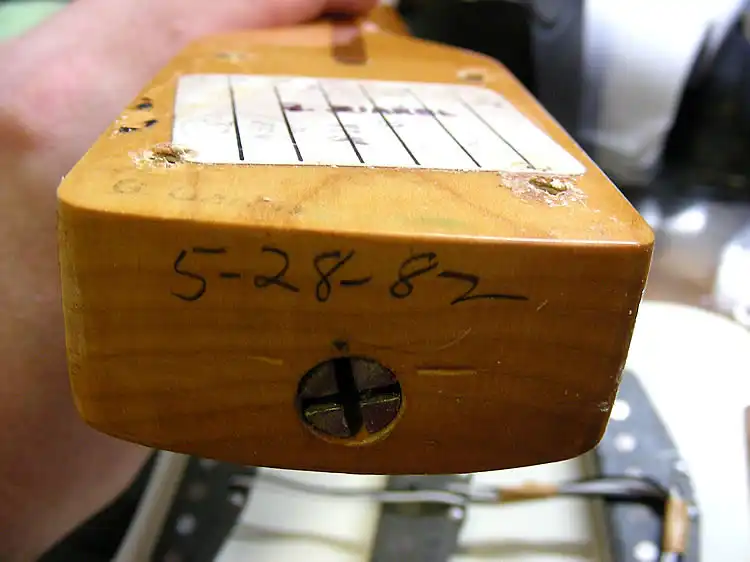 Date hand-written on the neck heel of a 1982 Vintage Stratocaster