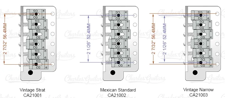 Comparison of bridge spacing: Vintage-style (2 7/32" mounting spacing and string spacing), Standard Mexican (2 1/16" mounting spacing and string spacing), and Hybrid (2 7/32" mounting spacing with 2 1/16" string spacing)