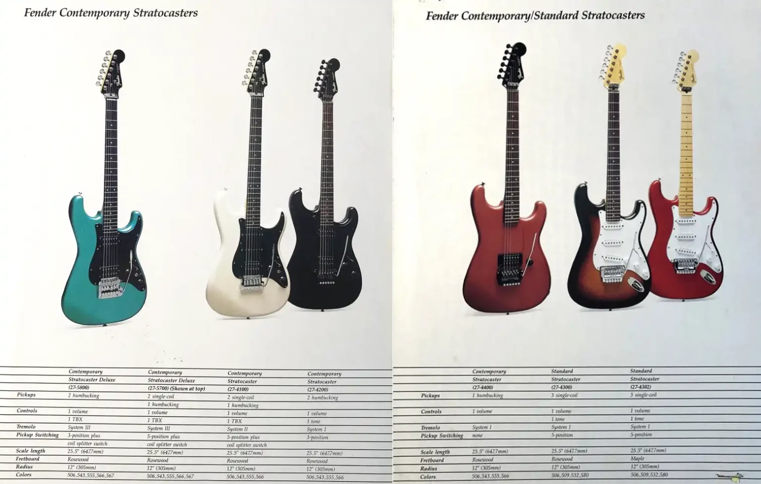 Contemporary vs. Standard — Black headstocks marked the Contemporary series; unpainted ones with Fender System bridges were Standards.