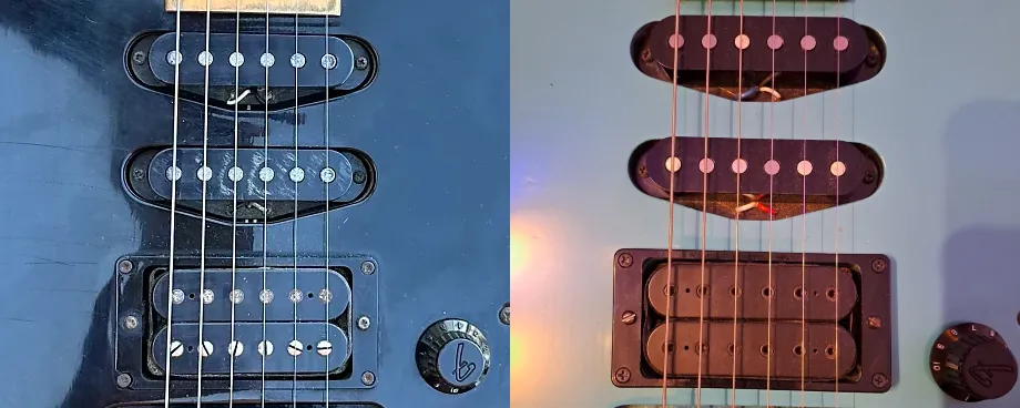 Left: First-generation HM Strat with DiMarzio humbucker and single coils with black/white leads. Right: U.S. HM Strat with revised DiMarzio humbucker (note the different pole pieces) and American Standard Strat single coils with red/blue/white leads