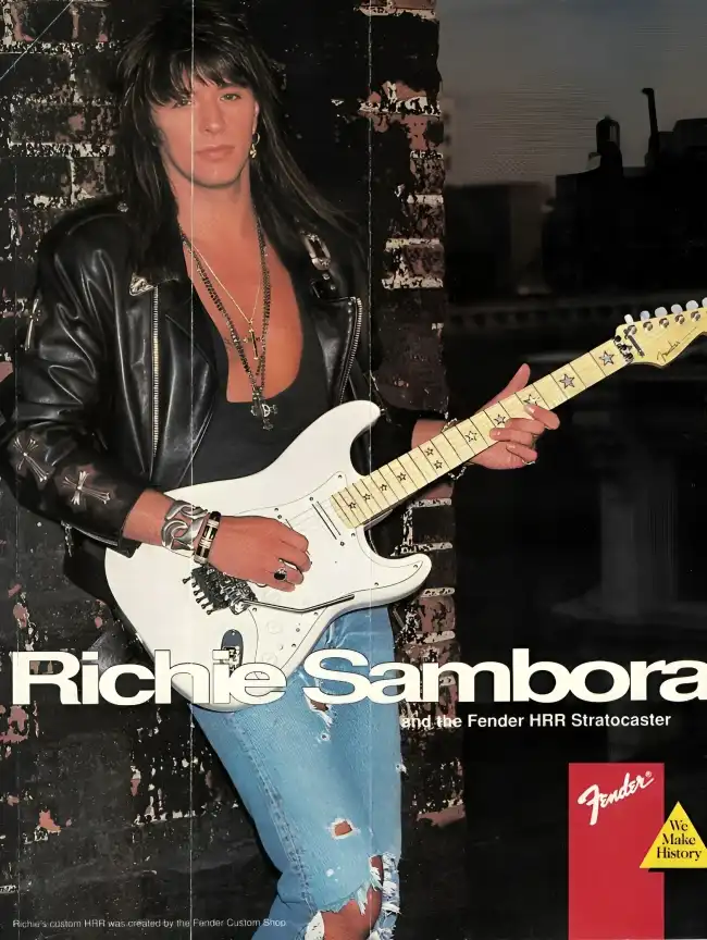 Richie Sambora with a heavily customized HRR Stratocaster in Fender’s 1991 Frontline catalog