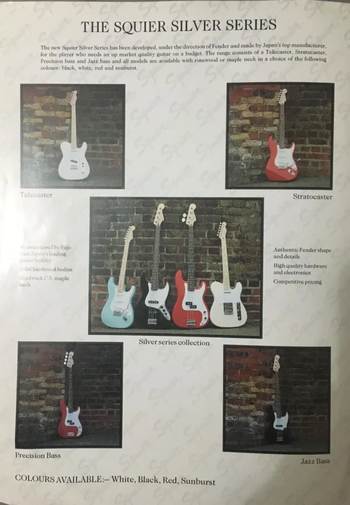 Oddly, the 1991 UK brochure showed the Squier Series Stratocaster in Maui Blue, even though it stated that the Silver Series was available only in Sunburst, Black, White, and Red.