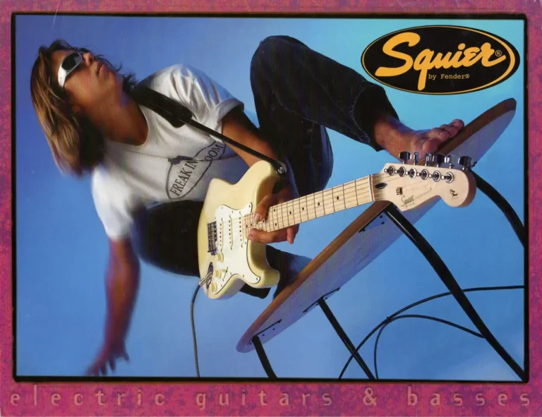 Squier Pro Series advertisement, 1996 Fender Frontline. For guitarists of a certain vintage, this ad might have recalled the series of classic ’50s and ’60s Fender ads headlined “You Won’t Part With Yours Either,” which featured guitars in unlikely outdoor action settings