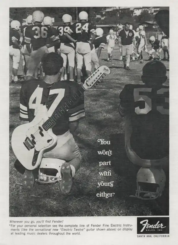 The Electric XII appeared in a mid-’60s Fender advertisement by Perine/Jacoby, as part of the “You Won’t Part With Yours Either” series