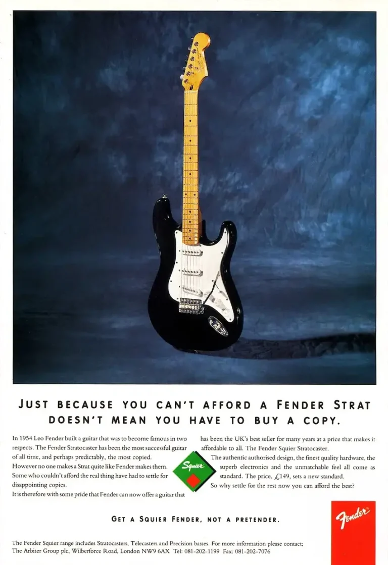 Fender Squier Stratocaster print ad, spring 1992