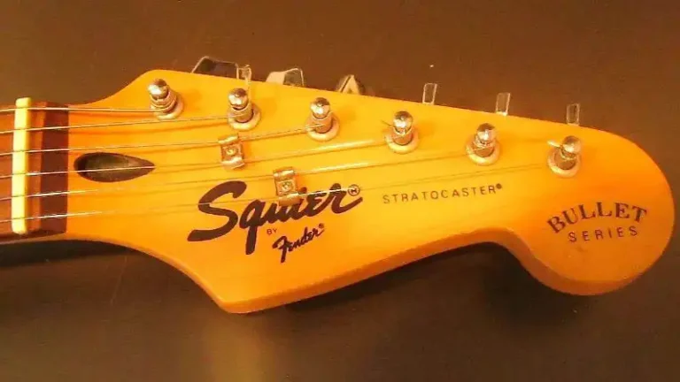 Headstock of the second-generation Bullet Stratocaster without the “Made in Korea” decal, which was instead engraved on the neck plate