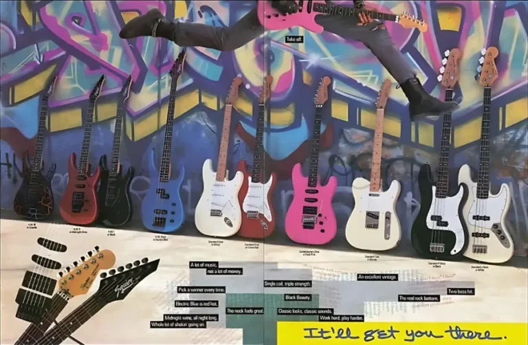 Squier catalog page: on the left, three Squier HM Strats and a Squier HM Bass