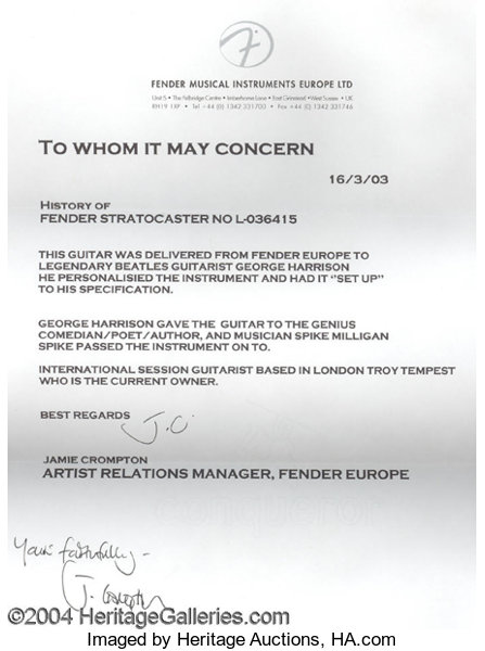 George Harrison's Squier Silver Series Stratocaster, auctioned in 2003, was accompanied by a letter from Jamie Crompton, Artist Relations Manager, Fender Europe, dated 16/3/03 (photo credit: Heritage Galleries)