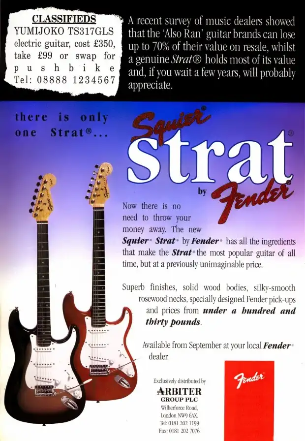 1995 UK advertisement for the Squier Stratocaster. Note the 22-fret fingerboard
