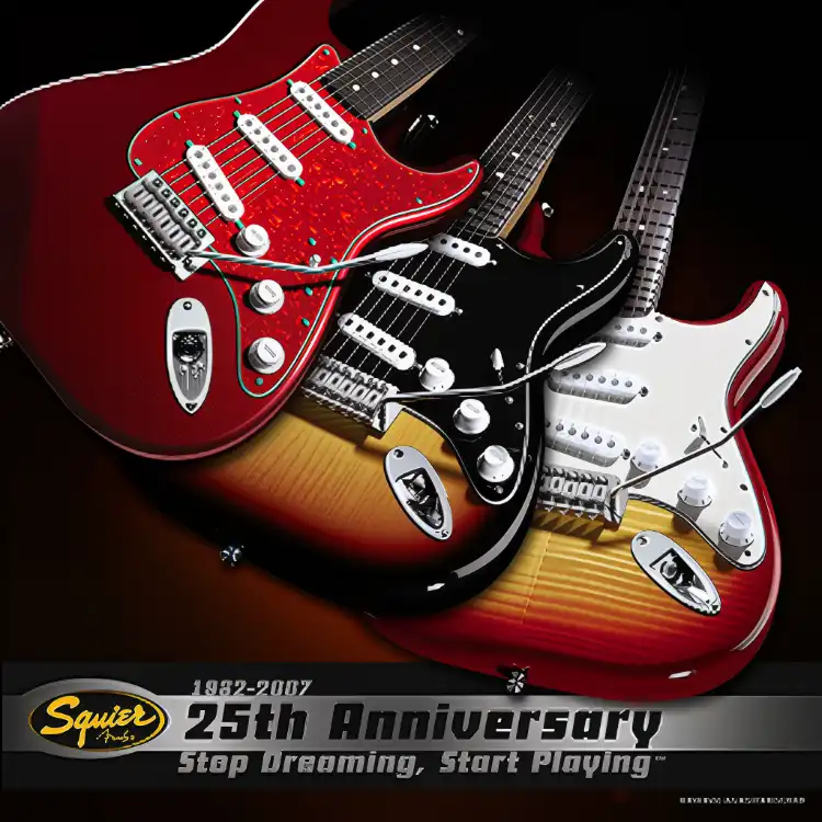 An advert for the 25th Anniversary of the Squier brand featuring the Classic Vibe Stratocasters
