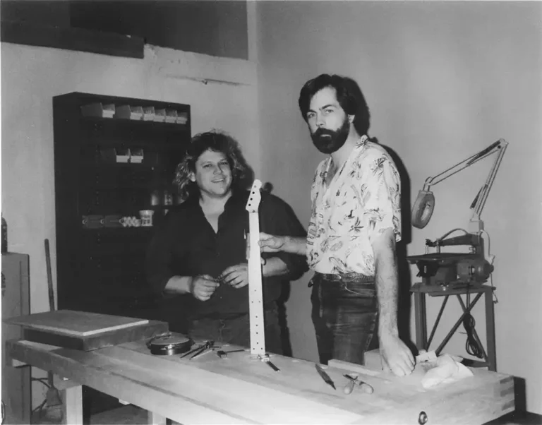 John Page and Michael Stevens with a banjo neck, 1987