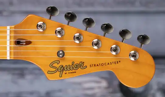 The headstock of the new Classic Vibe ’50s Stratocaster, featuring the redesigned logo and circular string tree