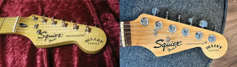 Headstock comparison: the second Korean-made Squier Bullet Stratocaster (left) versus the Chinese-made Squier Bullet SRS Stratocaster (right)