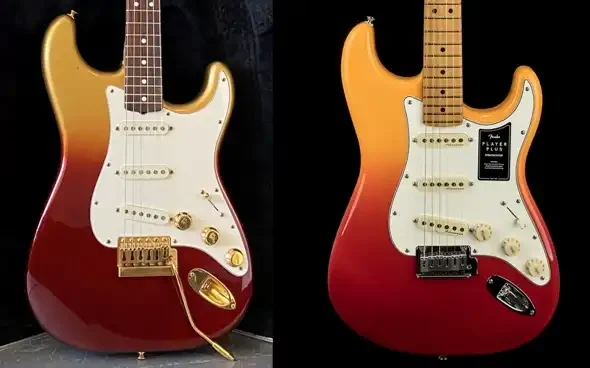 Comparison between a 1982 "The Strat" in Red Stratoburst (left) and a 2021 Player Plus Stratocaster in Tequila Sunrise (right)