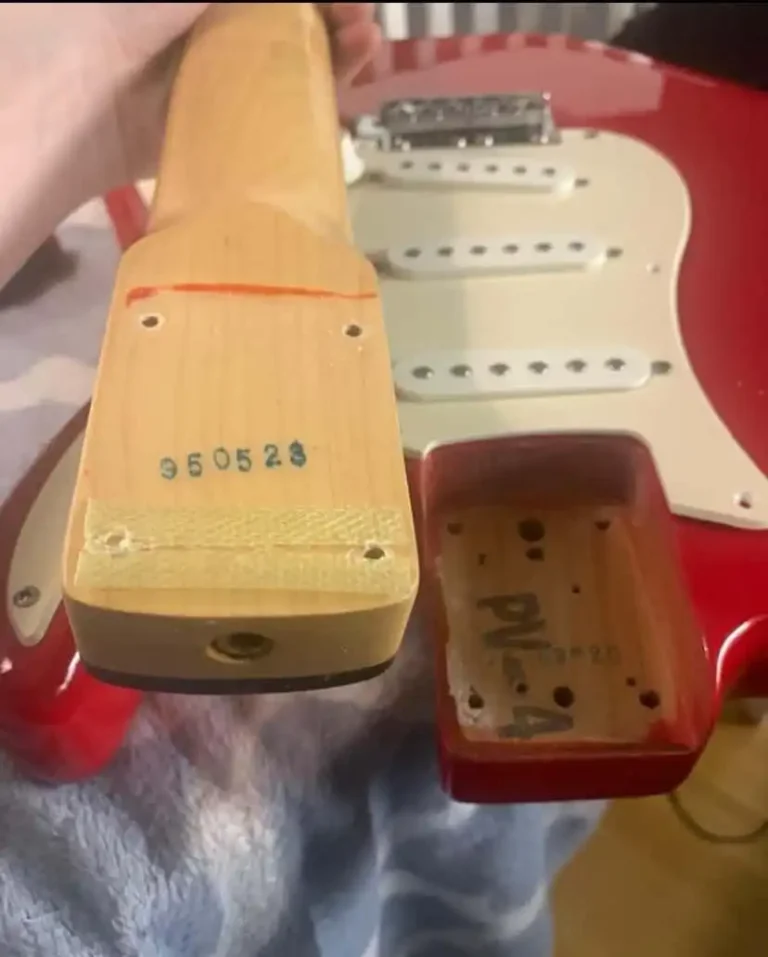The PV-4 stamp on the first Chinese-made Squier Stratocaster