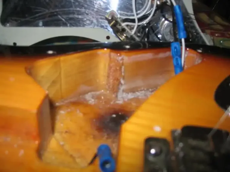 The cavities of this Standard Stratocaster body reveal its multi-piece construction