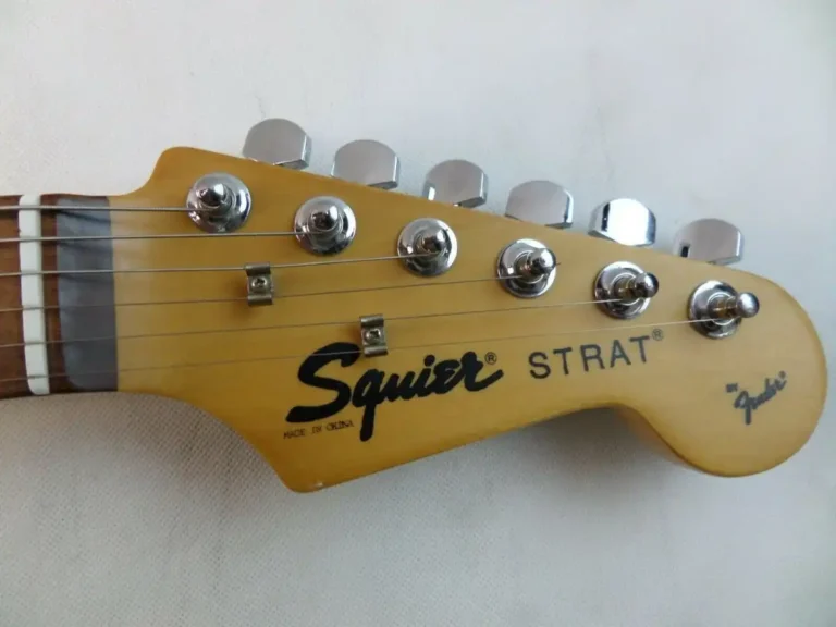 The headstock of the first Chinese-made Squier Stratocaster