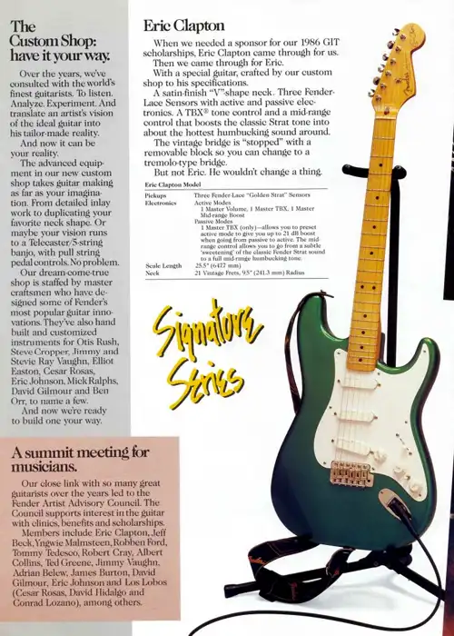 Clapton Stratocaster, 1988 Fender Catalog. The guitar shown is still the pre-production version, with 21 frets and the switch.