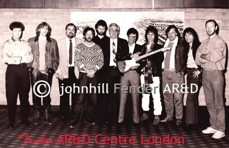 1986 party for Hank Marvin at the Hilton, London. From left: Stuart Adamson, Hal Lindes, Dan Smith, Eric Clapton, John Hill, Bill Schultz, Hank Marvin, Jeff Beck, David Gilmour, Steve Howe, Richard Thompson (Courtesy of John Hill)
