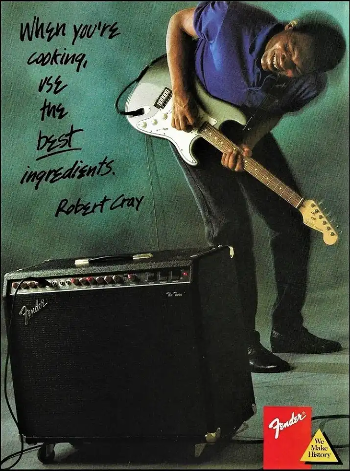 1988 Fender ad featuring Robert Cray "when you're cooking, use the best ingredients" advertisement
