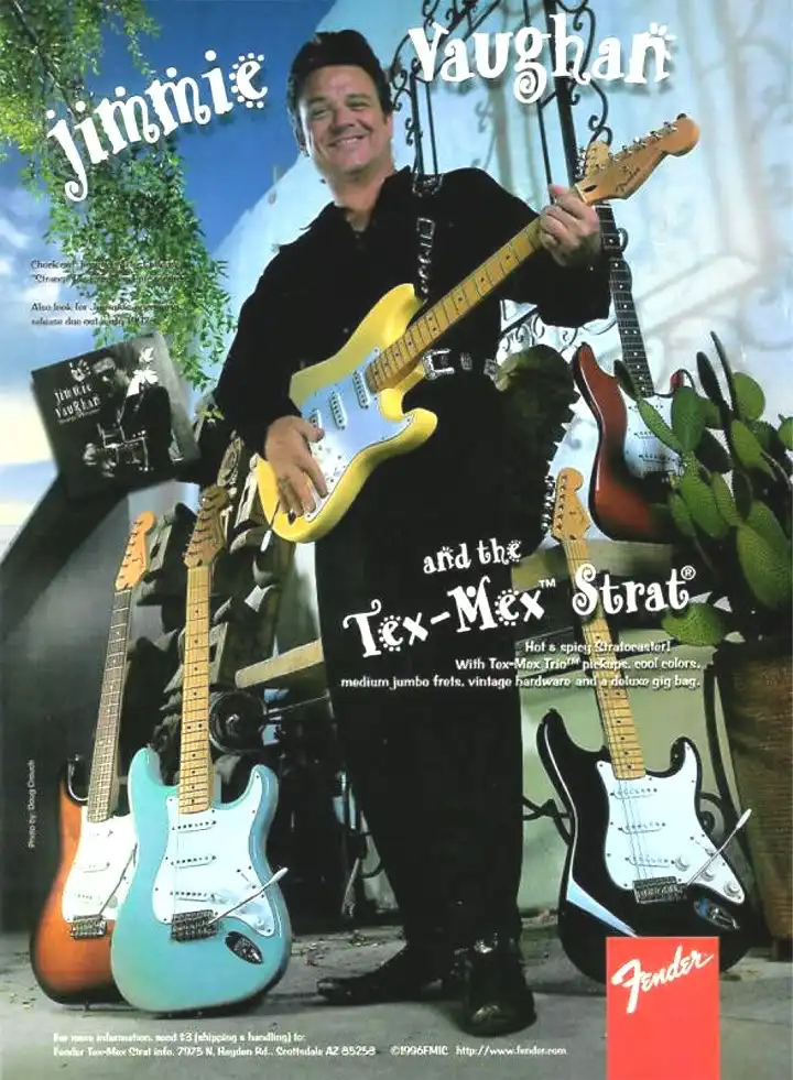 The 1996 Fender advertisement featuring Jimmie Vaughan with a Tex-Mex Stratocaster
