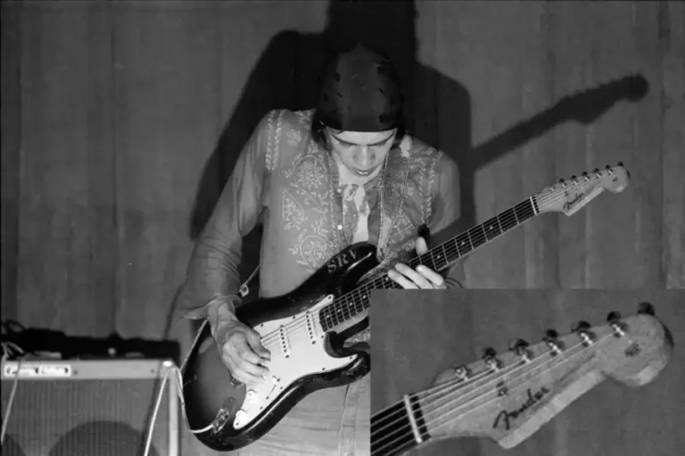 A young Stevie with his “Number One,” not yet heavily worn, still featuring its original 3-ply pickguard and the “SRV” sticker on the upper horn.