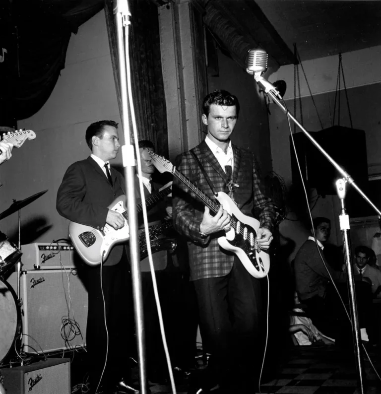 Dick Dale's big-stage rig comprising Dual Showman amplifier and 2x15" speaker cabinet with Fender Reverb unit (bottom left) for added surf-rock splash (Image credit: Michael Ochs Archives/Getty Images)