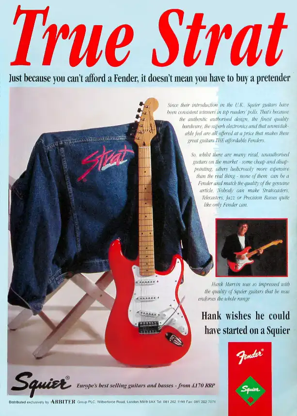 1994 advertisement featuring Hank Marvin with a Squier Stratocaster