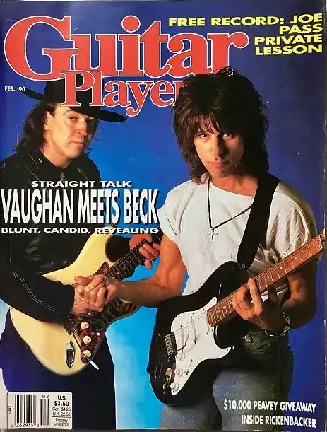 Stevie Ray Vaughan and Jeff Beck with Beck’s signature blue prototype, featured in the February 1990 issue of Guitar Player.