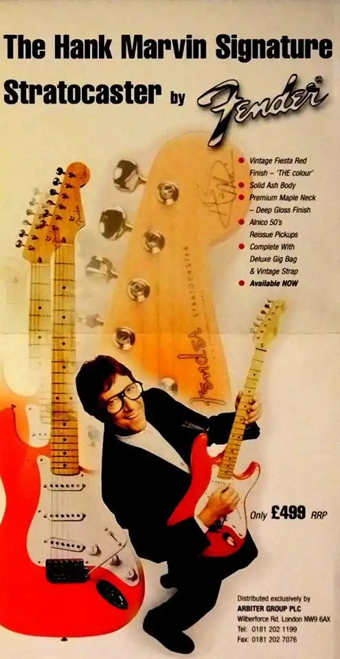 1996 advertisement for the Japanese Fender Hank Marvin Stratocaster