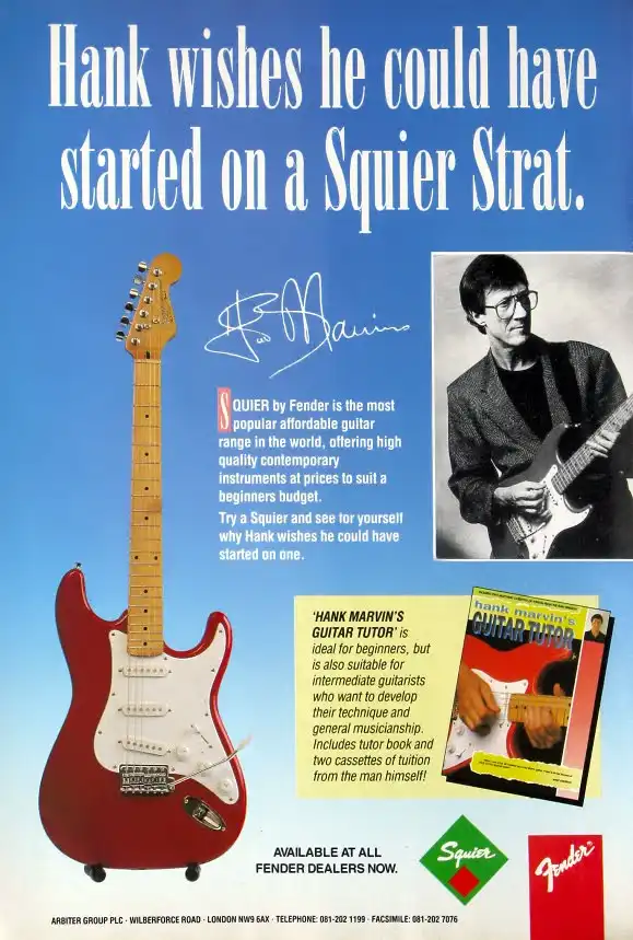 Hank Marvin in a 1991 Squier advertisement promoting the Korean-made Stratocaster