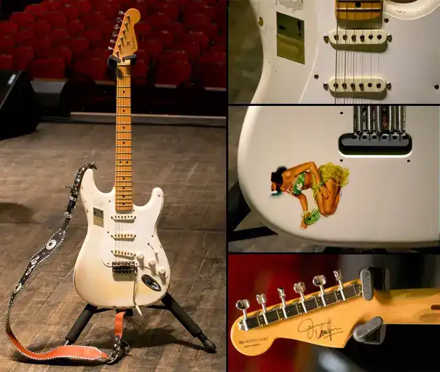 One of the relic-finished Jimmie Vaughan Tex-Mex Stratocasters
